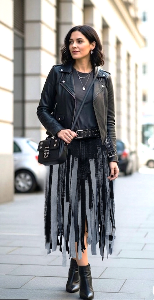 Handcrafted Upcycled Denim Fringe Skirt Back View