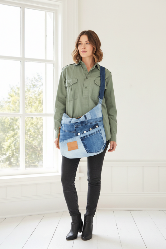 mix blue denim crossbody bag leather tassel