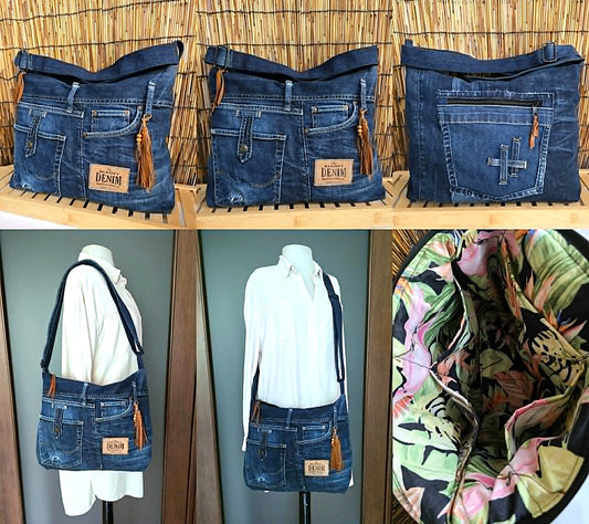 multi pocket bohemian denim crossbody purse leather tassel