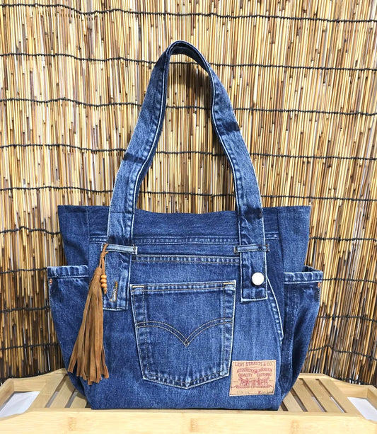 Upcycled Levi's denim tote bag with leather tassel. Sustainable denim tote bag, handmade blue jean handbag, upcycled patchwork shopper, unique boho purse