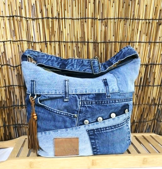 Upcycled Denim Crossbody Purse with Patchwork Boho Shoulder Bag design