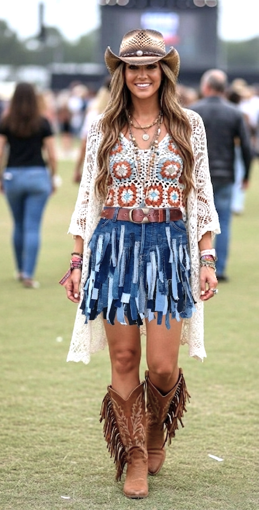 Boho western denim skirt with rustic rodeo fringe design