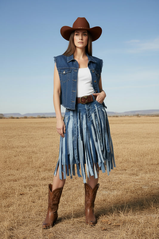 Boho western denim skirt with rustic rodeo fringe design