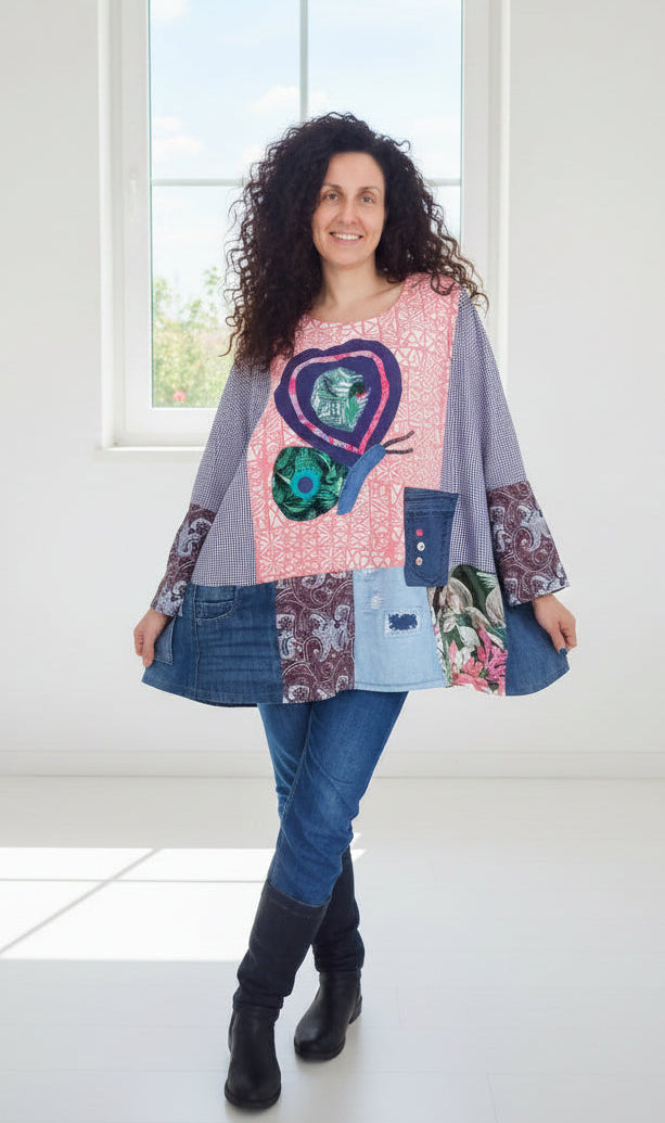 oversized patchwork tunic denim patches aplique butterfly
