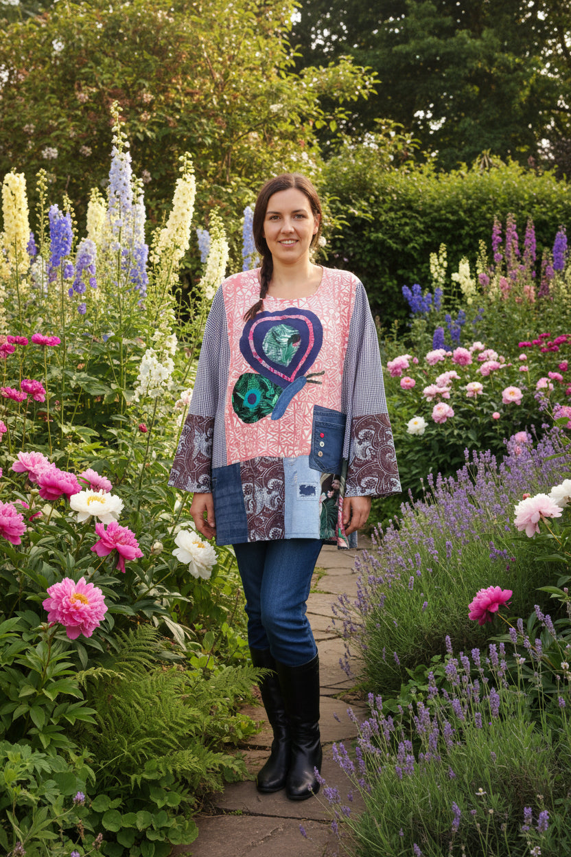 Artisan farm chic duster made from upcycled mixed fabrics