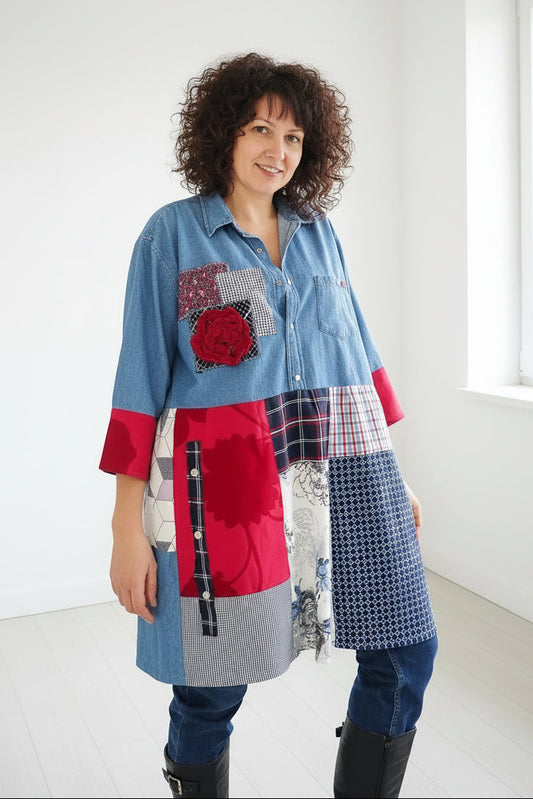 Handmade hippie duster dress featuring eco-friendly patchwork.