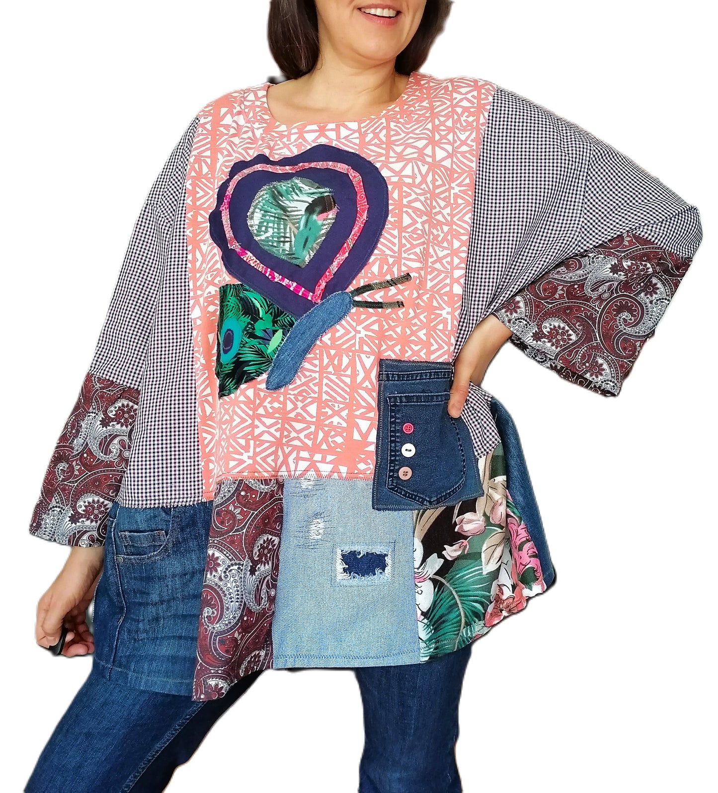 Artistic boho duster dress featuring one-of-a-kind patchwork art