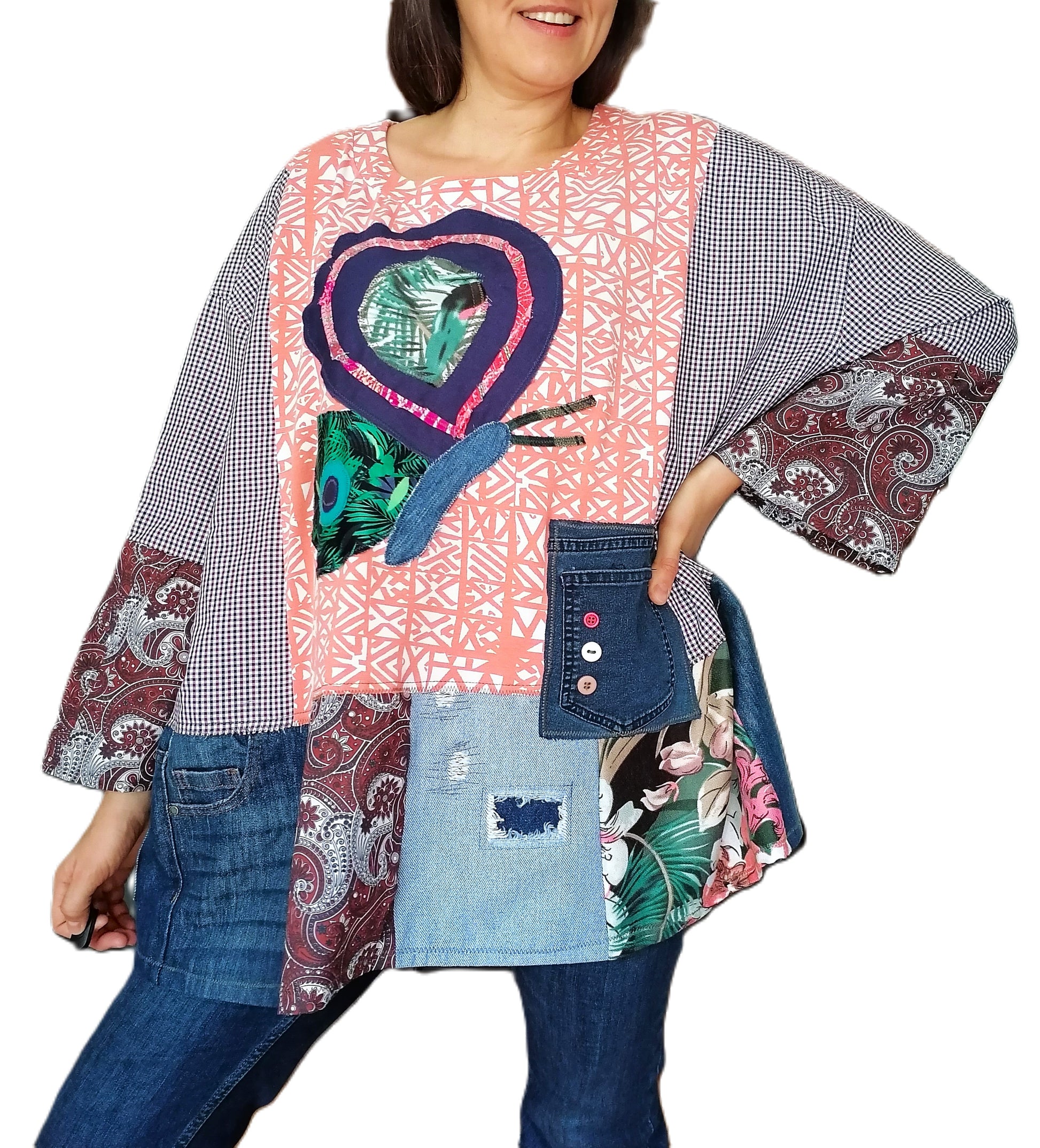 Artistic boho duster dress featuring one-of-a-kind patchwork art
